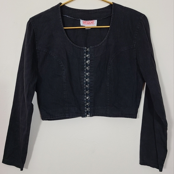 Wrapper Tops - Black Hook-Front Cropped Bolero Jacket M Punk Goth Grunge Rockstar Biker Gf‎